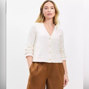 NWOT LOFT Ribbed Saddle Sleeve V-Neck Cardigan, Size M, Whisper White